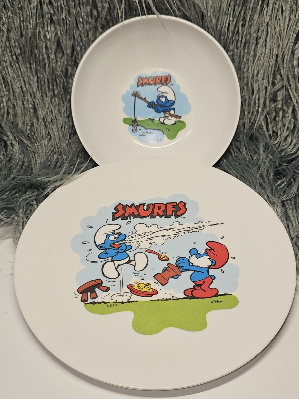 Vintage ERROR RARE!! Deka Melamine Smurfs 2 piece Plate and cereal Bowl Set Papa